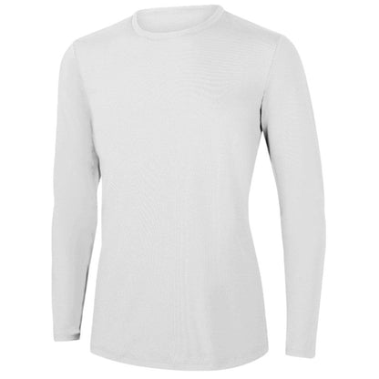 The Lifeguard Store white long sleeve crewneck rashguard made of poly stretch fabric with UPF50+ UV protection.