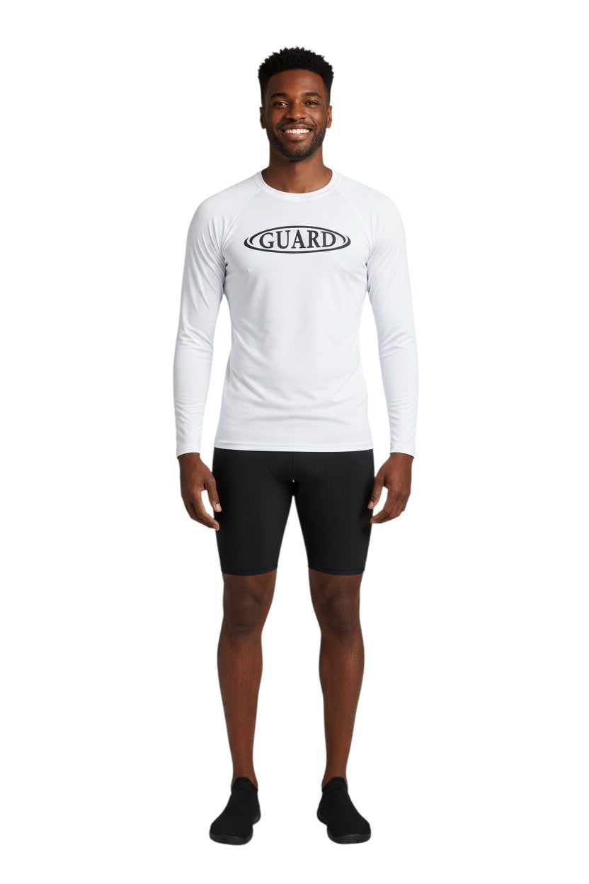 The Lifeguard Store white long sleeve crew neck rashguard with black GUARD logo on chest. UPF50+ protection.