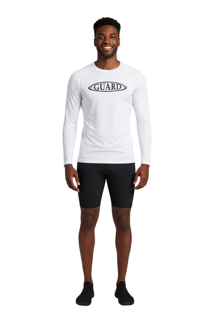 The Lifeguard Store white long sleeve crew neck rashguard with black GUARD logo on chest. UPF50+ protection.