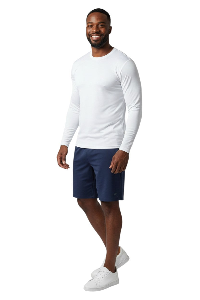 The Lifeguard Store white long sleeve crew neck rashguard made of polyester and spandex with UPF50+ protection.