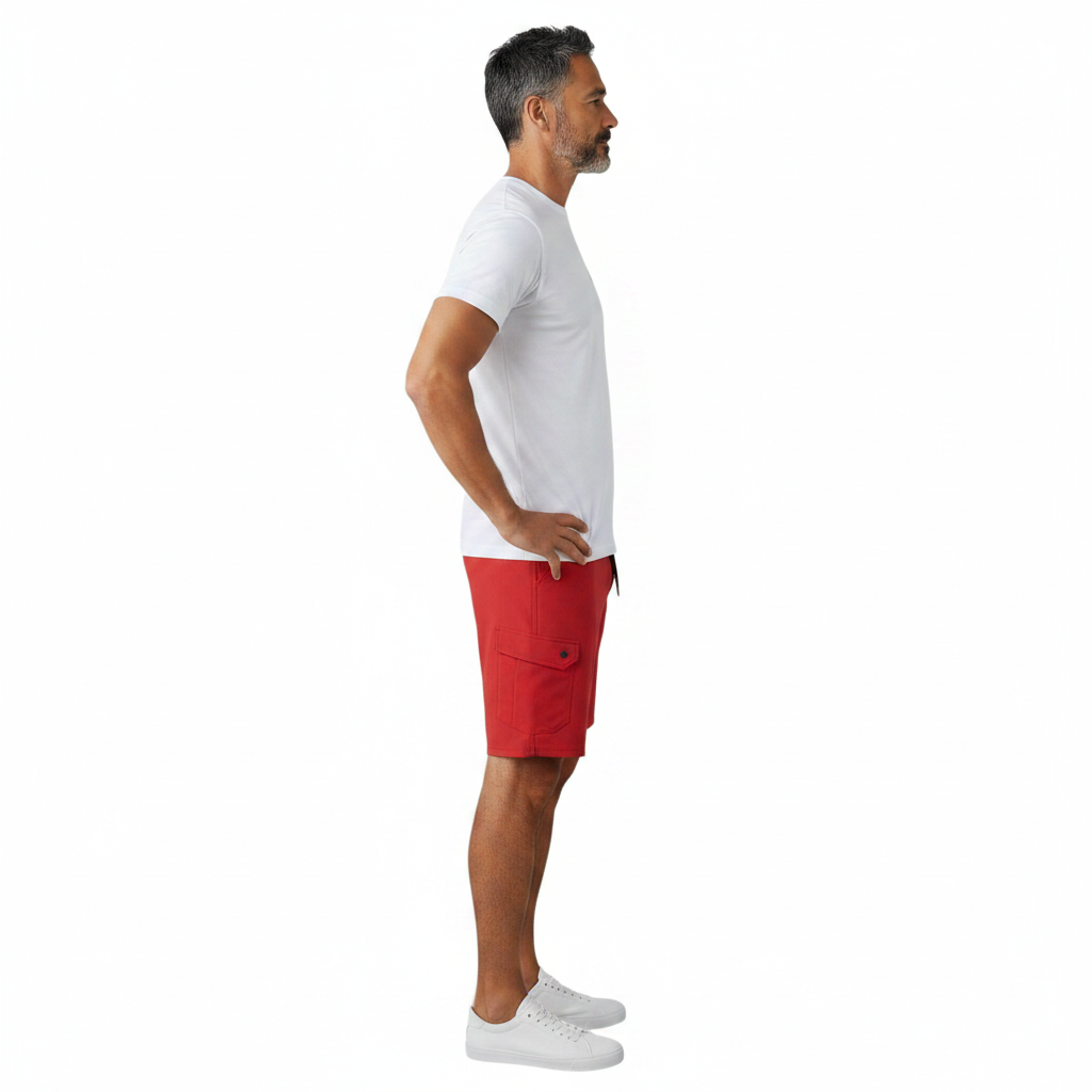 The Lifeguard Store white cotton manager t-shirt worn by a man in profile with red shorts and white sneakers