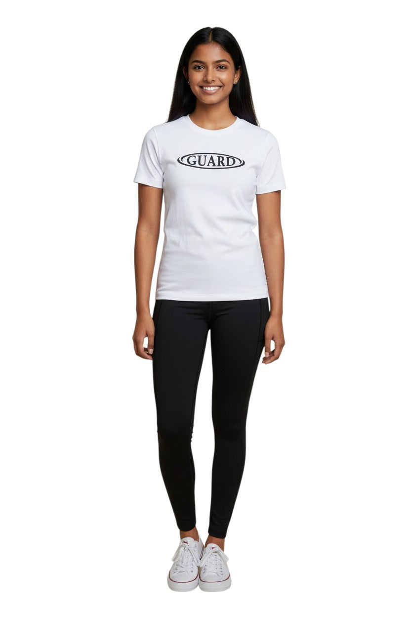 The Lifeguard Store white short sleeve crew neck rashguard with black "GUARD" oval logo. Made of polyester and spandex.