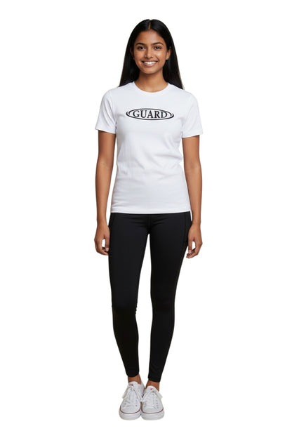 The Lifeguard Store white short sleeve crew neck rashguard with black "GUARD" oval logo. Made of polyester and spandex.