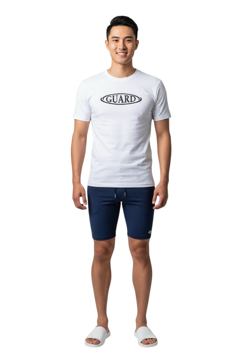 The Lifeguard Store white short sleeve crew neck rashguard with black "GUARD" oval logo. Made of polyester and spandex.