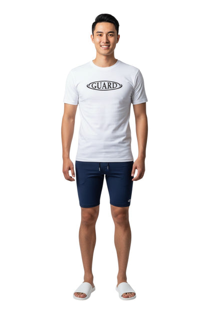 The Lifeguard Store white short sleeve crew neck rashguard with black "GUARD" oval logo. Made of polyester and spandex.