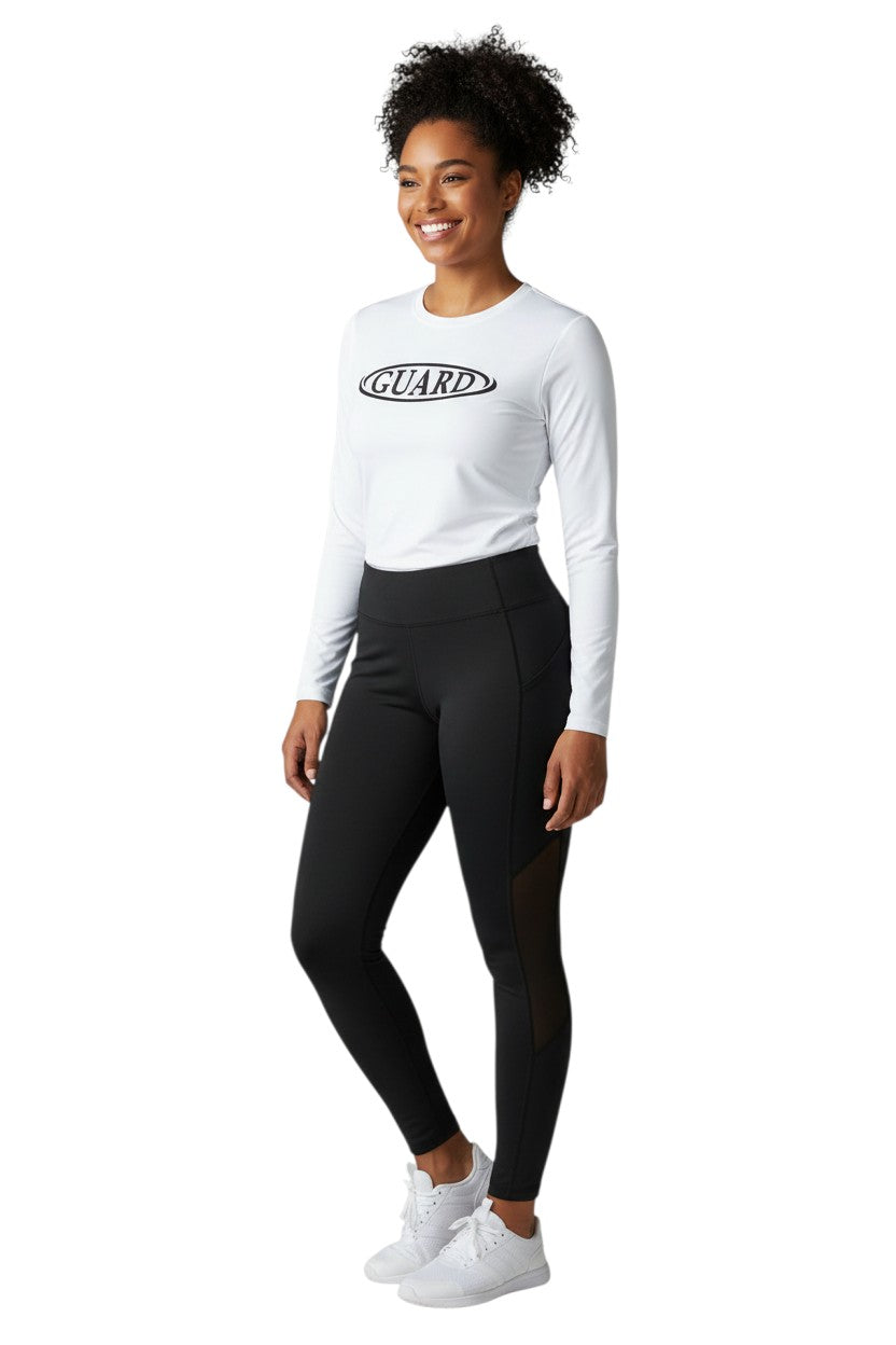 The Lifeguard Store white long sleeve crew neck rashguard with black GUARD logo on chest. UPF50+ protection.