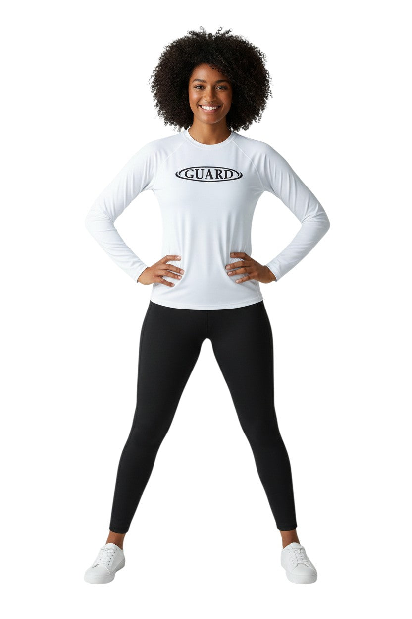 The Lifeguard Store white long sleeve crew neck rashguard with black GUARD logo on chest. UPF50+ protection.