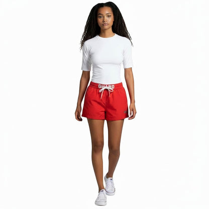 The Lifeguard Store women's white short sleeve crew neck rashguard made of polyester and spandex blend.