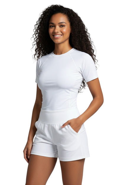 The Lifeguard Store white short sleeve crewneck rashguard made of poly stretch fabric with UPF50+ UV protection.