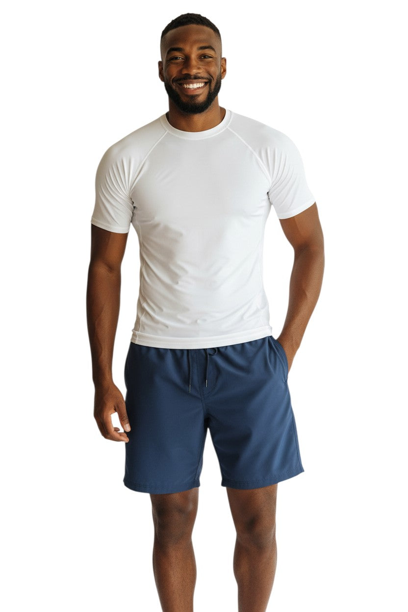 The Lifeguard Store white short sleeve crewneck rashguard made of poly stretch fabric with UPF50+ UV protection.