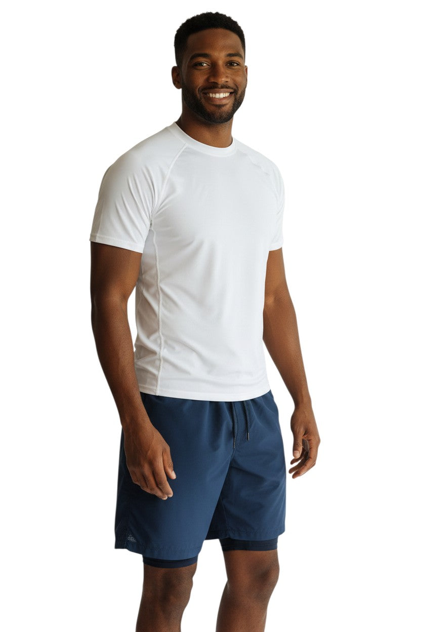 The Lifeguard Store white short sleeve crewneck rashguard made of poly stretch fabric with UPF50+ UV protection.