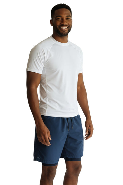 The Lifeguard Store white short sleeve crewneck rashguard made of poly stretch fabric with UPF50+ UV protection.