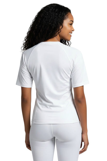 The Lifeguard Store white short sleeve crewneck rashguard with UPF50+ protection and quick-dry fabric.