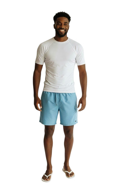The Lifeguard Store white short sleeve crewneck rashguard made of poly stretch fabric with UPF50+ protection.