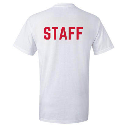 The Lifeguard Store white cotton staff t-shirt with bold red STAFF lettering printed on the back