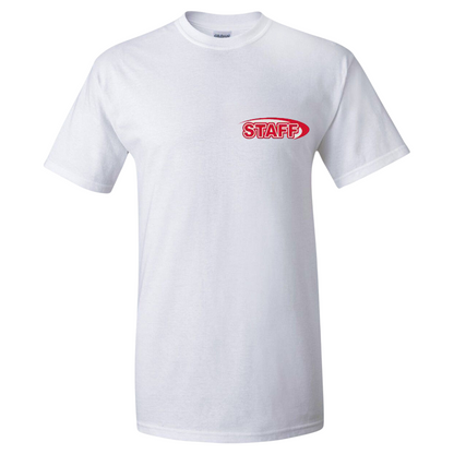 The Lifeguard Store white cotton staff t-shirt with red STAFF logo on the chest