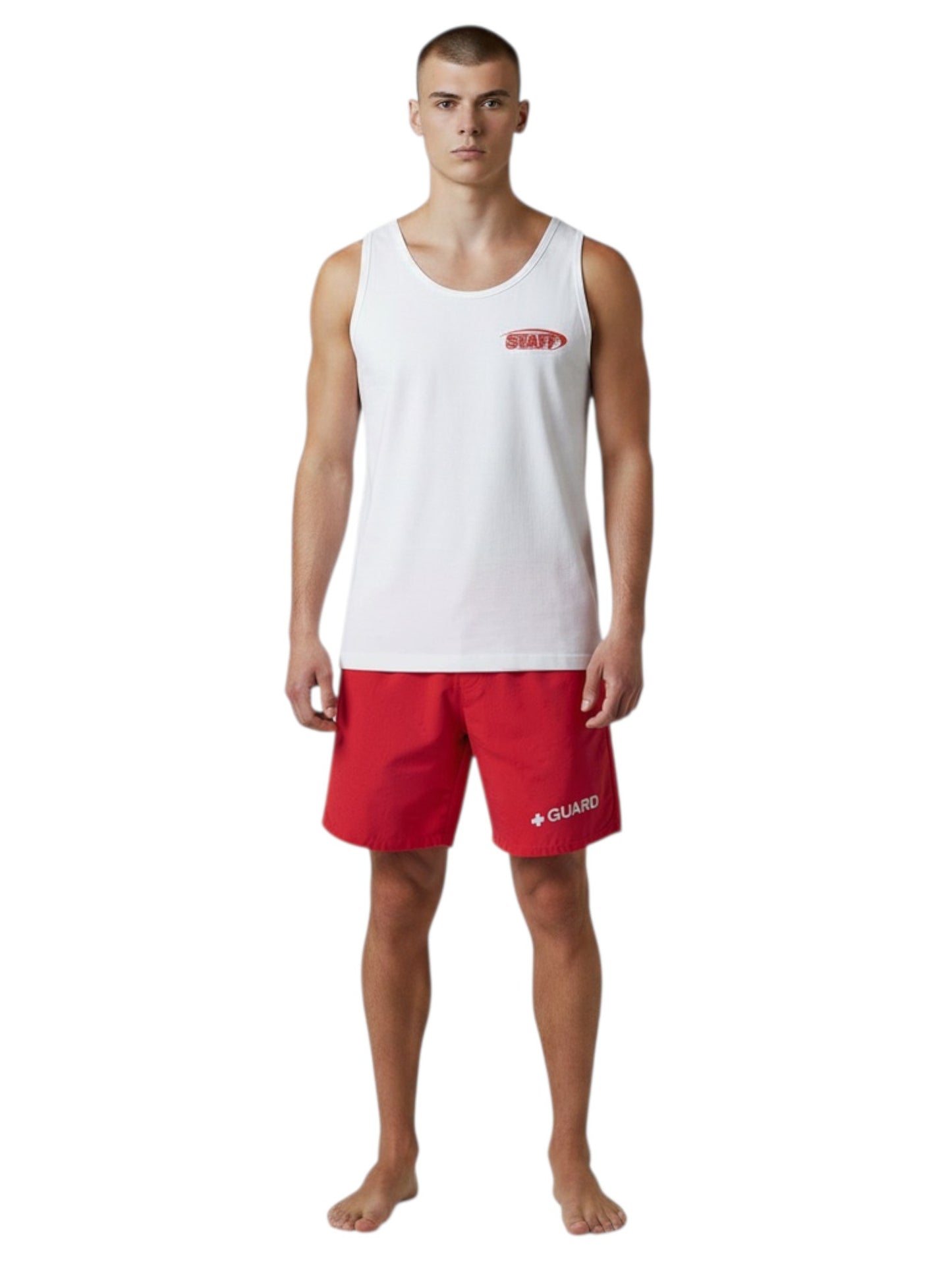 The Lifeguard Store white cotton tank top with red STAFF logo worn by a male model with red swim shorts