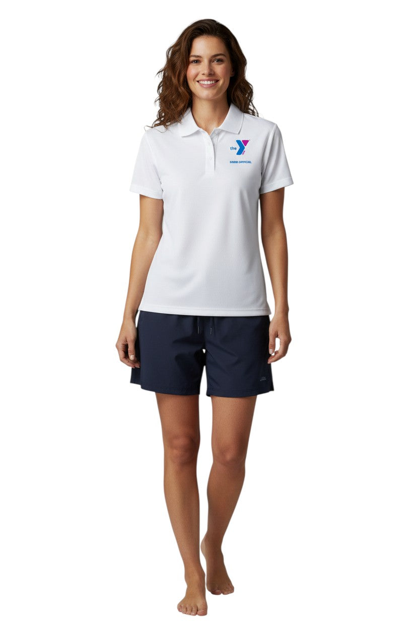 The Lifeguard Store white polyester Dri-Fast polo shirt with YMCA Swim Official logo on chest. Features a ribbed collar and three buttons.