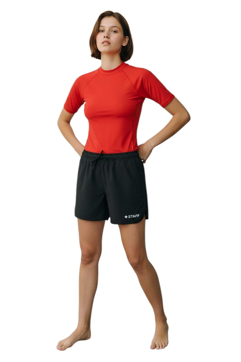 The Lifeguard Store women's black polyester 5-inch inseam shorts with drawstring and STAFF logo.
