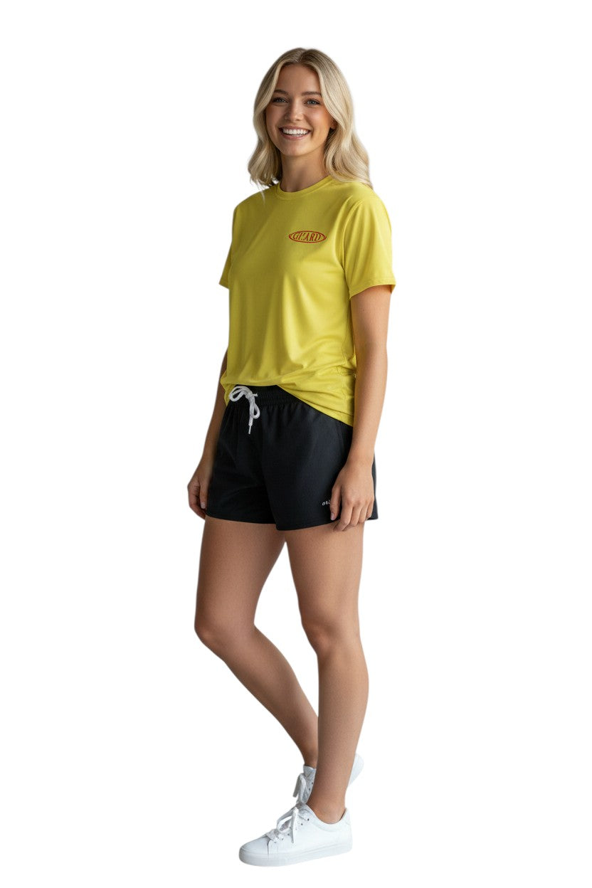 The Lifeguard Store yellow 100% cotton short sleeve RISE Aquatics Guard Tee with red logo on chest and back.