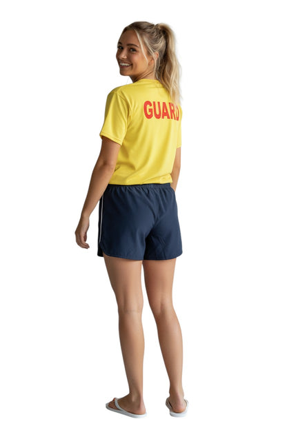 The Lifeguard Store yellow 100% cotton short sleeve tee with red GUARD logo on back.