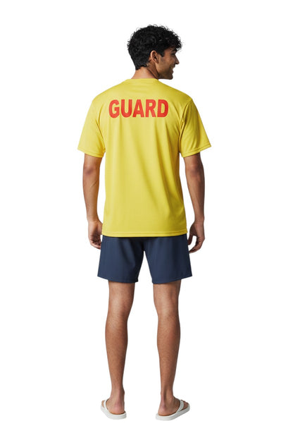 The Lifeguard Store yellow 100% cotton short sleeve tee with red GUARD logo on back.