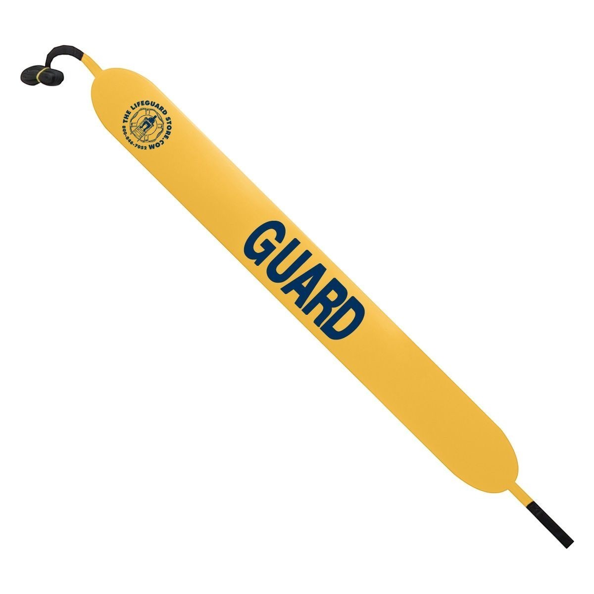 The Lifeguard Store yellow 50" vinyl rescue tube with blue "GUARD" lettering and a towline.
