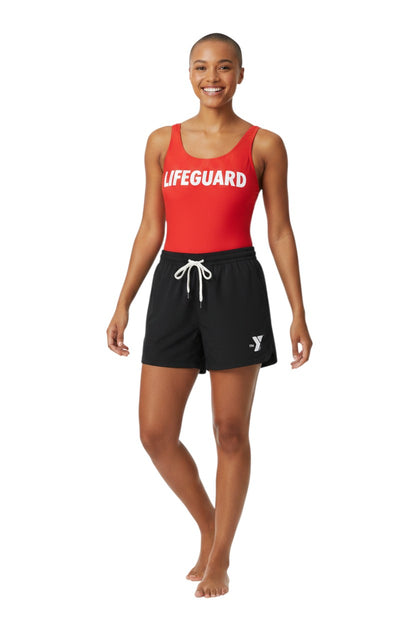 The Lifeguard Store YMCA black polyester roll shorts with elastic waistband, drawstring, and two front pockets. Quick-dry fabric.