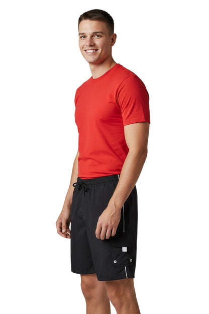 The Lifeguard Store YMCA black polyester board shorts with white trim and cargo pocket.