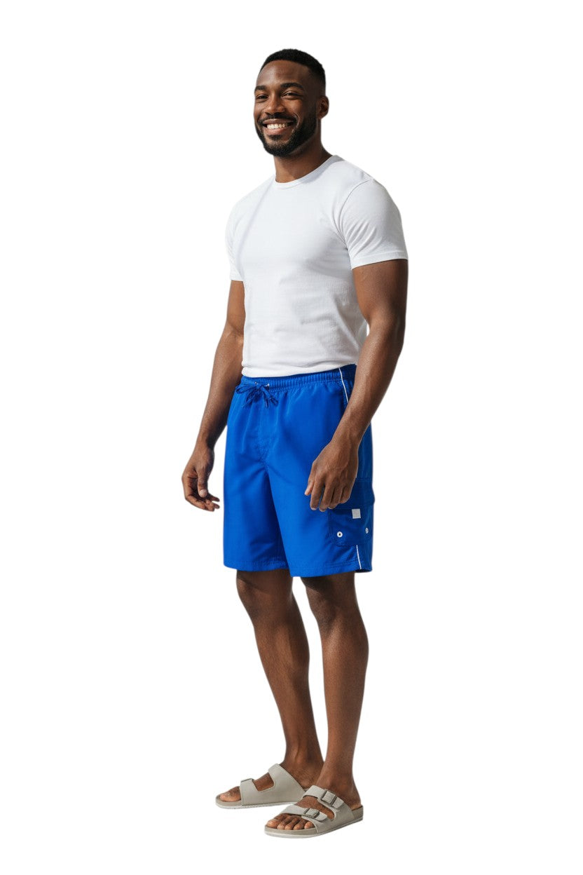 The Lifeguard Store blue YMCA board shorts with white trim, elastic waistband, drawstring, and velcro pocket.