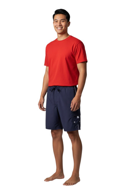 The Lifeguard Store navy blue YMCA board shorts with white trim and cargo pocket. 7" inseam, polyester.