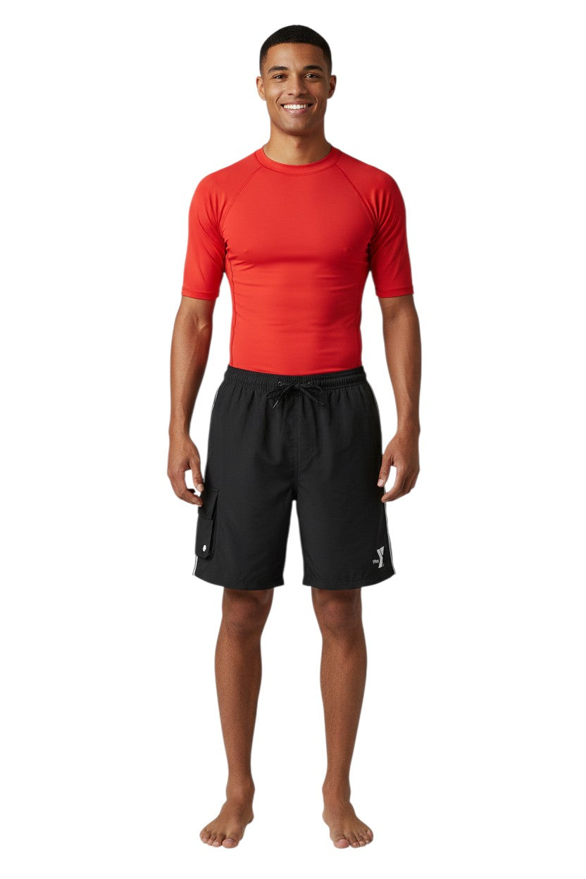 The Lifeguard Store YMCA black polyester board shorts with elastic waistband, drawstring, cargo pocket, and white logo.