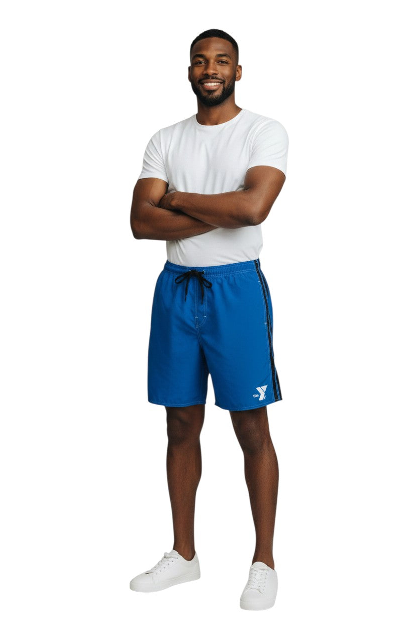 The Lifeguard Store blue polyester YMCA board shorts with black side stripes and white drawstring.