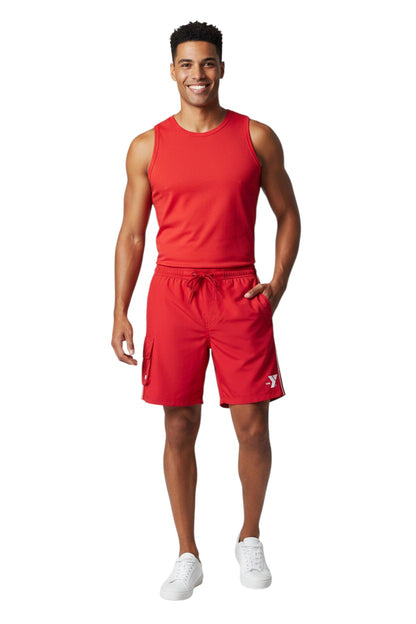The Lifeguard Store red YMCA board shorts with elastic waistband, drawstring, and velcro cargo pocket. 7" inseam.