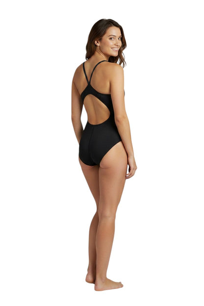The Lifeguard Store YMCA Guard black poly-spandex H-back one-piece swimsuit with white straps. UPF50+.