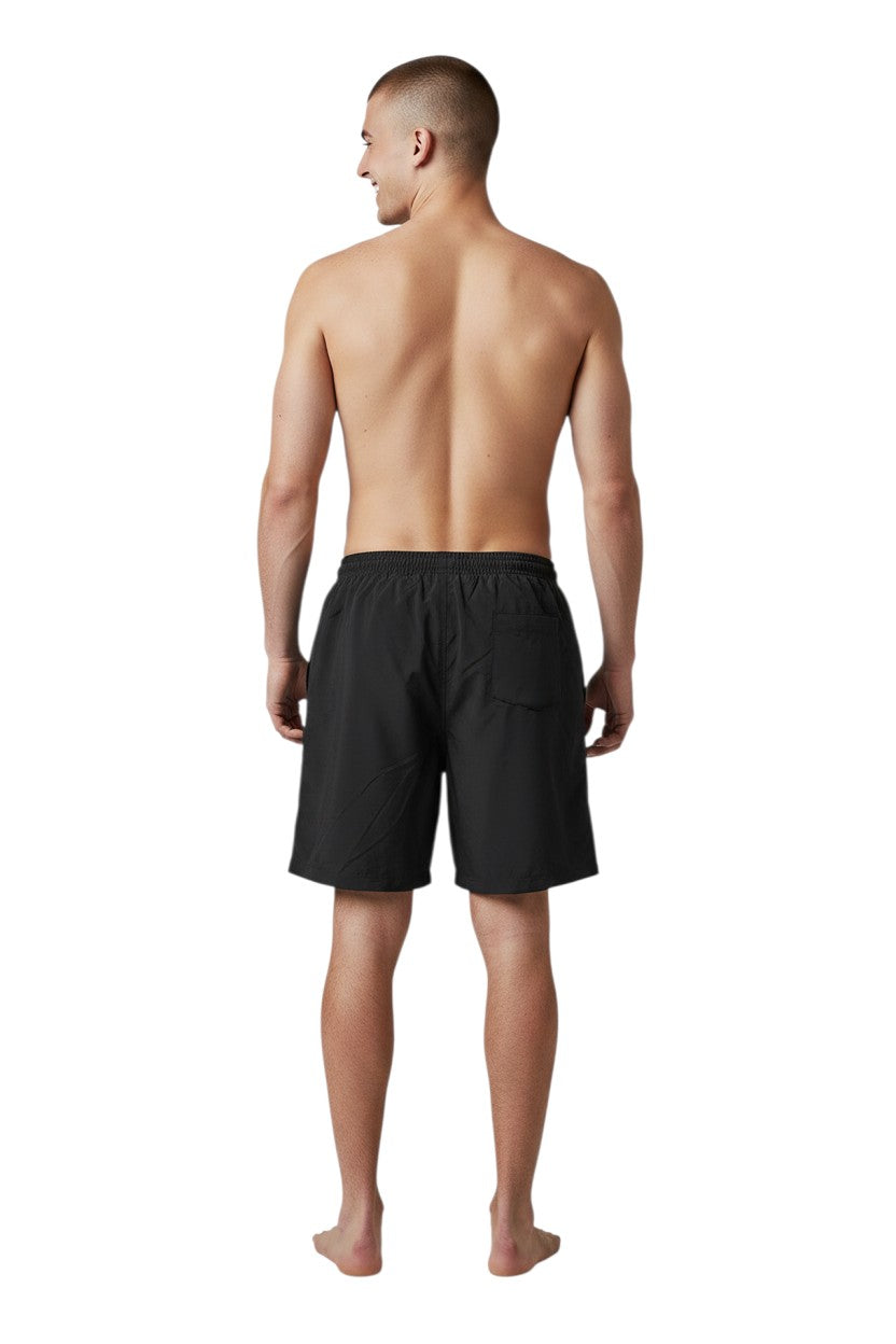 The Lifeguard Store YMCA Guard Board Short in black, made of sanded polyester with elastic waistband and velcro pocket.