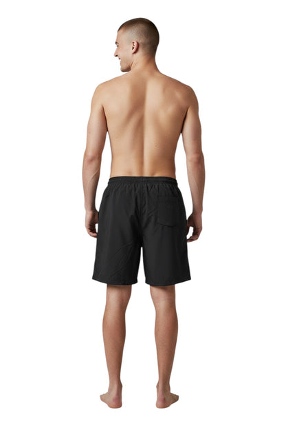 The Lifeguard Store YMCA Guard Board Short in black, made of sanded polyester with elastic waistband and velcro pocket.