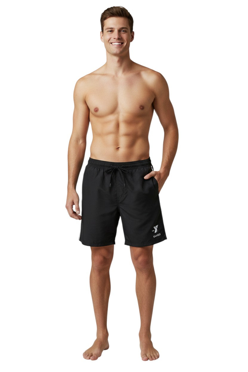 The Lifeguard Store black sanded polyester YMCA Guard boardshorts with elastic waistband, drawstring, and velcro pocket.