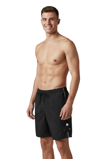 The Lifeguard Store black sanded polyester YMCA Guard Boardshort with white trim and cargo pocket.
