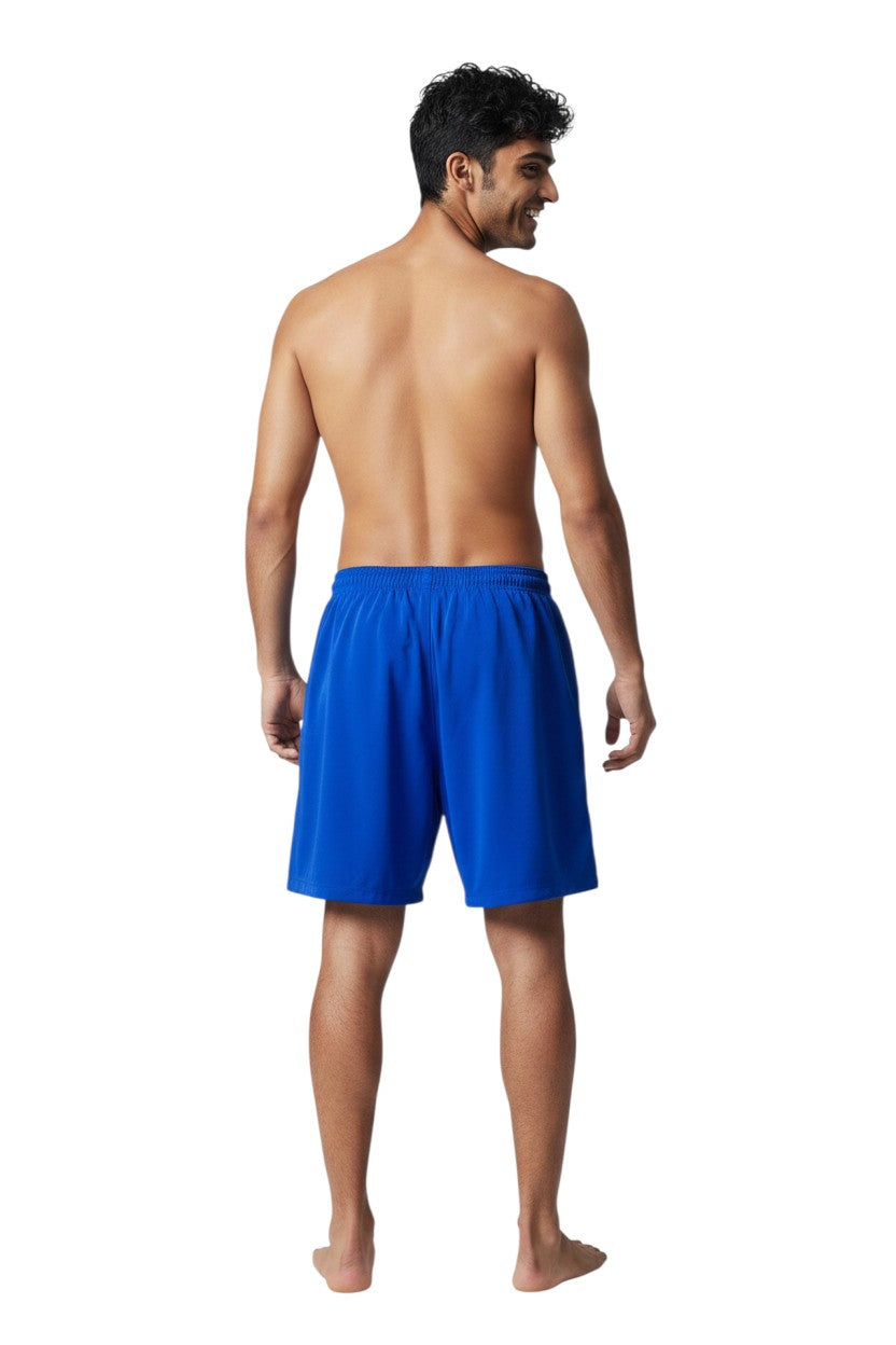 The Lifeguard Store blue sanded polyester YMCA Guard boardshort with elastic waistband and velcro pocket.