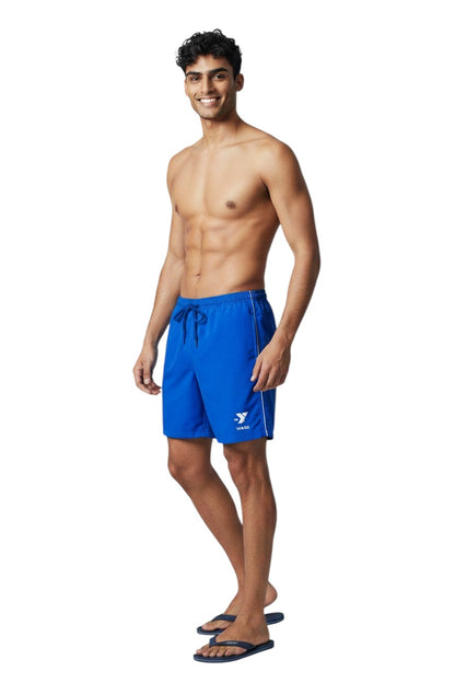 The Lifeguard Store blue sanded polyester YMCA Guard Boardshort with white drawstring and side piping. Features 7" inseam.