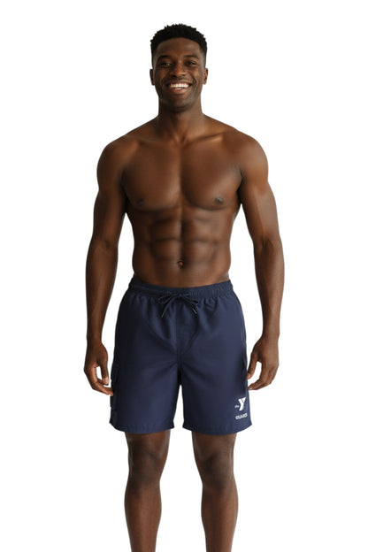 The Lifeguard Store navy blue YMCA Guard board shorts with drawstring elastic waist and velcro cargo pocket.
