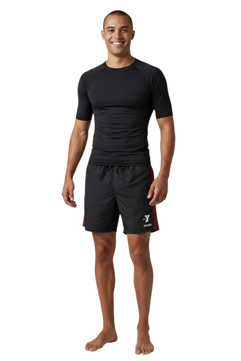 The Lifeguard Store YMCA Guard black polyester board shorts with red side stripes and drawstring.