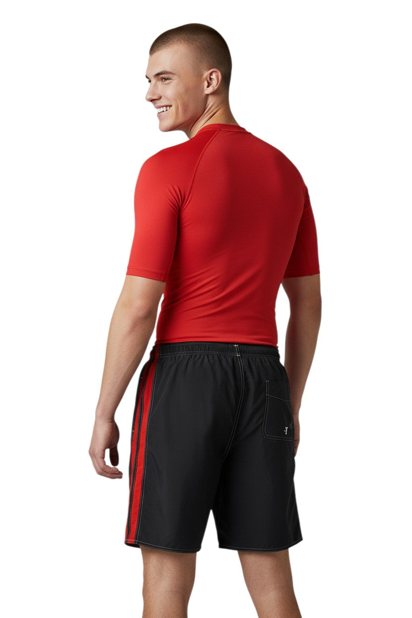 The Lifeguard Store YMCA Guard black polyester board shorts with red side stripes and drawstring.