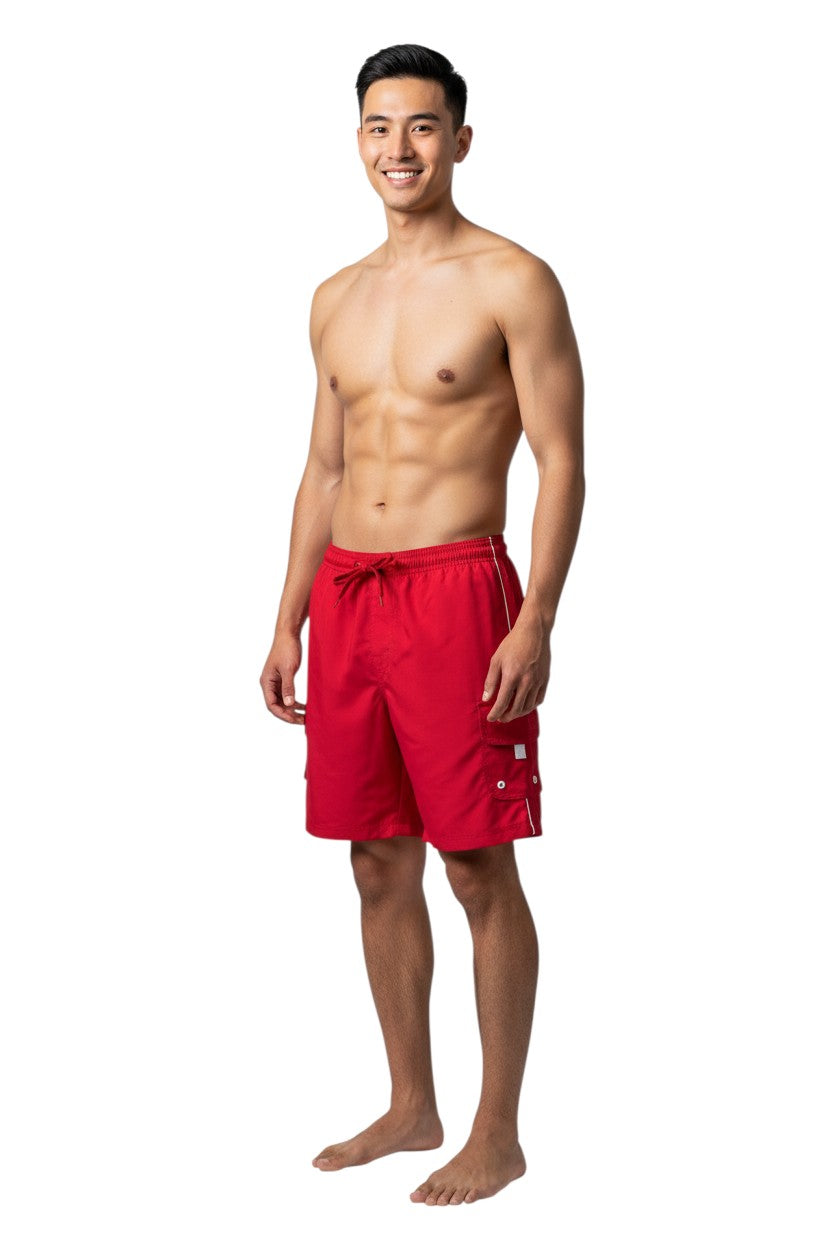 The Lifeguard Store YMCA Guard Boardshort in red polyester with white trim, drawstring waist, and velcro pocket.