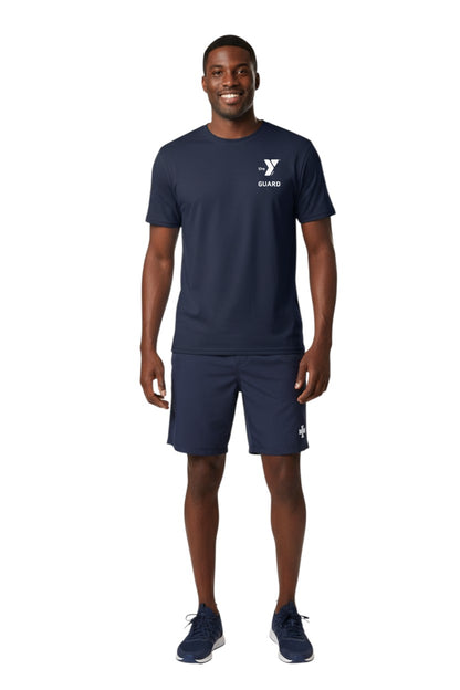 The Lifeguard Store navy blue polyester Dri-Fit tee with white YMCA Guard logo on chest.
