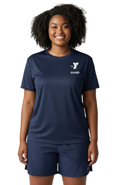 The Lifeguard Store navy blue polyester Dri-Fit tee with white YMCA Guard logo on the chest.