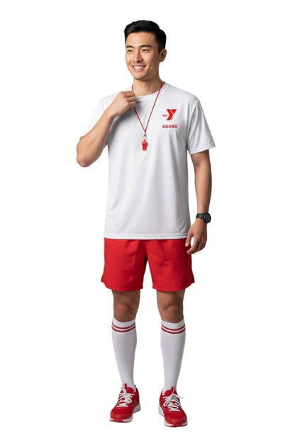 The Lifeguard Store white 100% polyester Dri-Fit tee with red YMCA Guard logo on left chest.