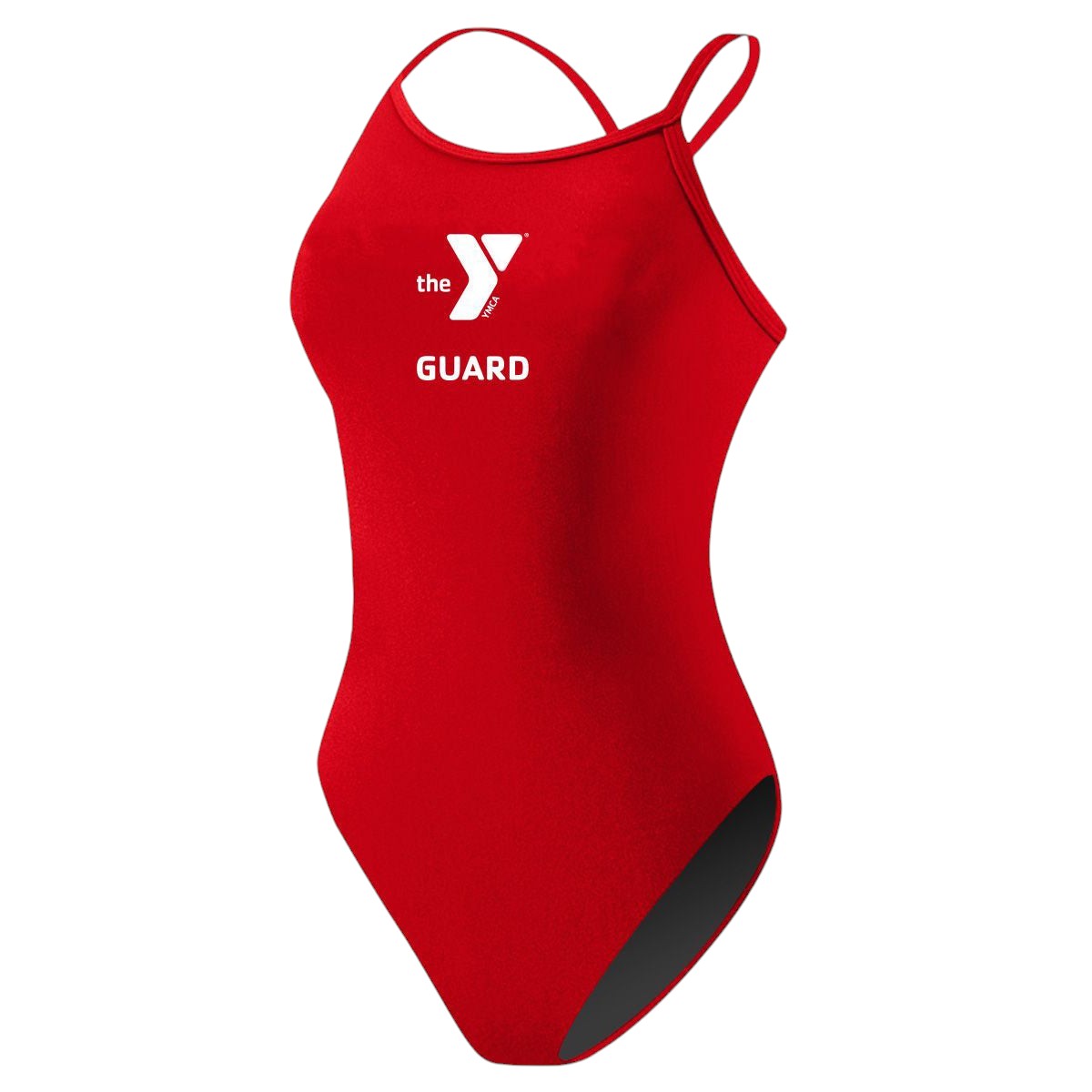 The Lifeguard Store YMCA Guard H-Back red one-piece swimsuit with white YMCA logo and GUARD text. Polyester/spandex blend.