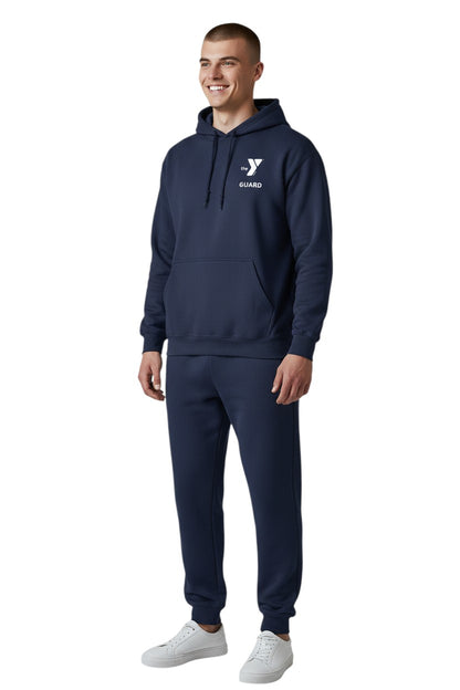 The Lifeguard Store navy blue YMCA Guard hooded sweatshirt with pouch pocket and drawstring. Cotton/polyester blend.